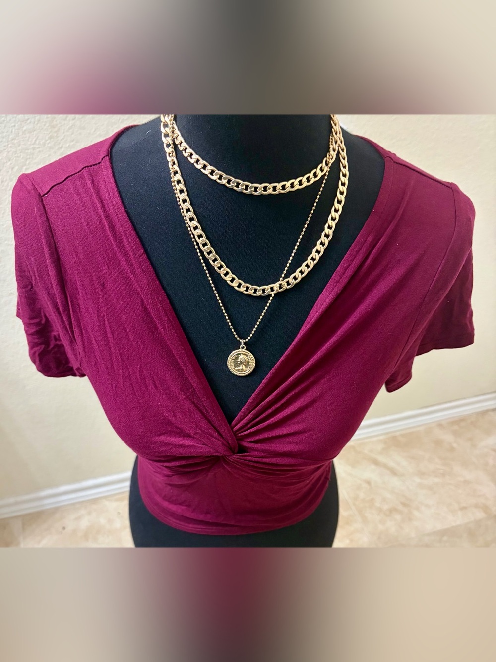 Burgundy crop top with tie accent